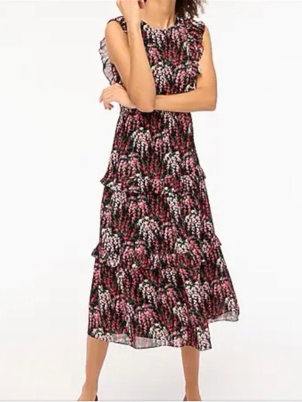 J.Crew Factory Floral Ruffle Tiered Midi Dress Black Pink Sleeveless Romantic 8P